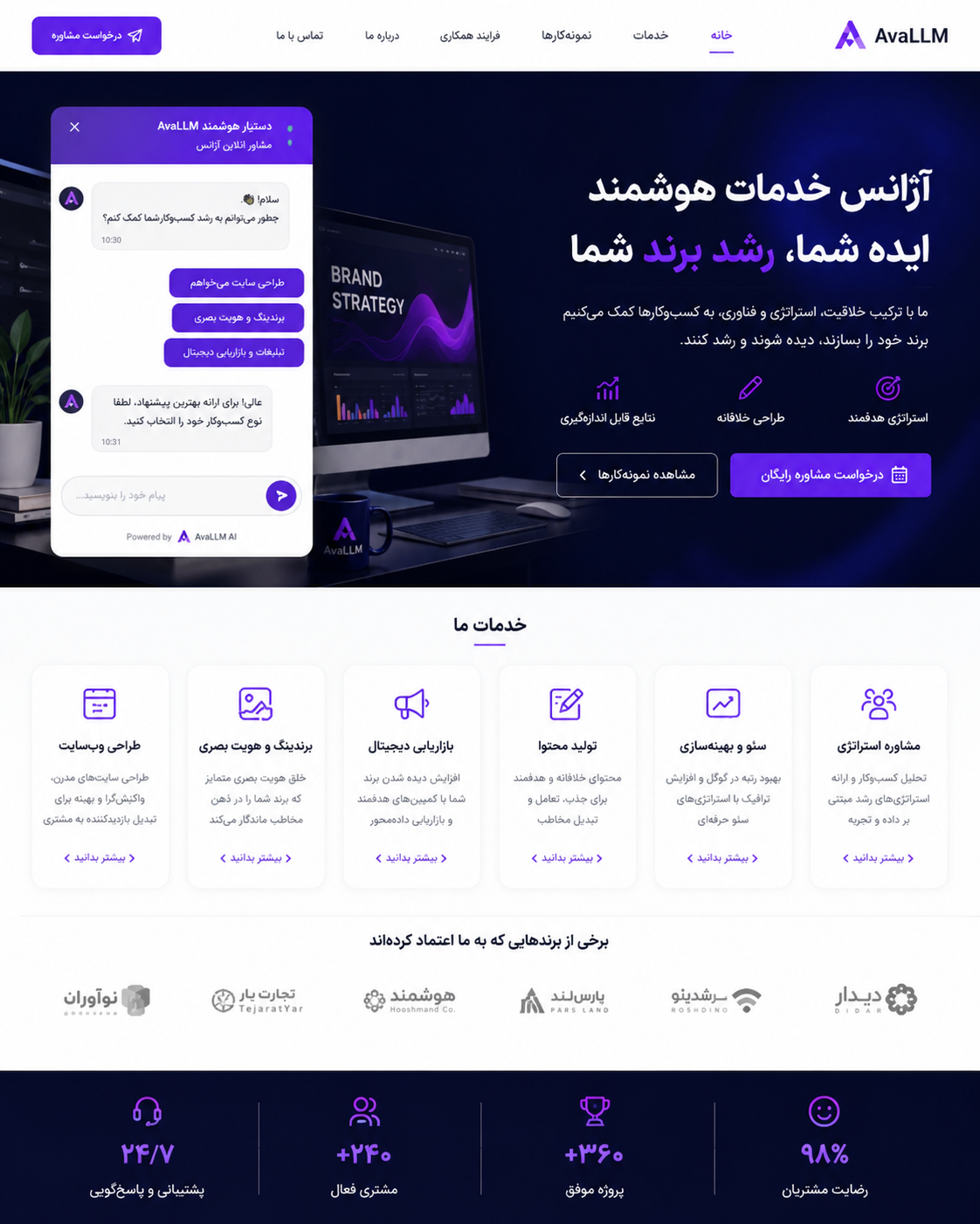 وب‌سایت آژانس خدمات دیجیتال با ایجنت هوش مصنوعی AvaLLM